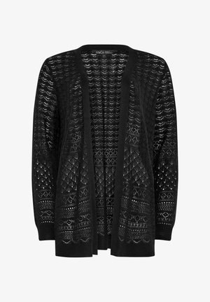 Schwarzer, offen vorne getragener Strickcardigan mit langen Ärmeln, der durchgehend mit komplexen geometrischen Spitzenmustern verziert ist.