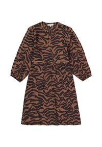 Bruine jurk met zwarte tijgerstrepen. Heeft lange mouwen, een ronde halslijn en een geraffineerde taille met decoratieve stiksels.