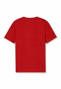 T-shirt rosso a maniche corte con scollo rotondo, realizzato in tessuto liscio e leggero, caratterizzato da un colore uniforme senza motivi o grafiche.