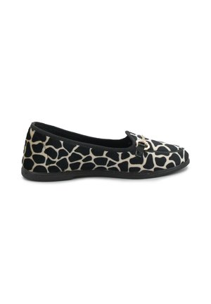 Ballerine nere e beige con stampa giraffa, tomaia in tessuto, suola in gomma piatta e piccolo dettaglio dorato sulla parte superiore.