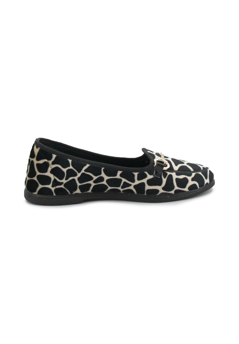 Ballerine nere e beige con stampa giraffa, tomaia in tessuto, suola in gomma piatta e piccolo dettaglio dorato sulla parte superiore.