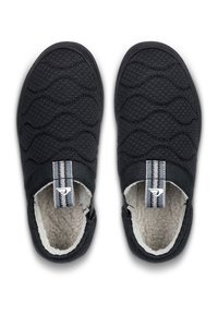 Schwarze gesteppte Slipper mit grauen und weißen Zuglaschen und weichem weißen Fleece-Innenfutter, von oben auf einem weißen Hintergrund betrachtet.