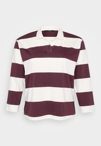 T-shirt de rugby à manches longues avec des rayures horizontales alternées bordeaux et blanches et un col. Design simple et décontracté.