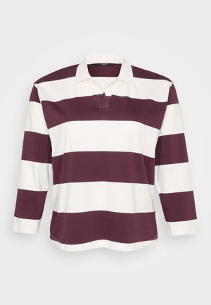 Rugby košile s dlouhým rukávem s alternativními vínovými a bílými horizontálními pruhy a límečkem. Jednoduchý a neformální design.
