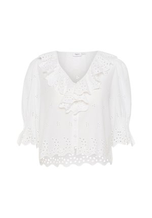 Vitt blus med korta puffärmar, med en vågig nederkant och rynkad halsringning. Gjord av lätt material med hålmönster.