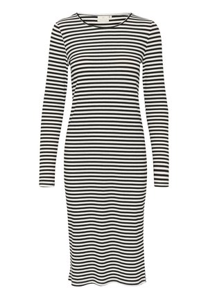 Long-sleeve dress featuring a fitted silhouette, made of soft fabric with alternating black and white horizontal stripes. Round neckline.