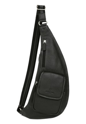 Black leather sling bag with a textured finish, featuring a main compartment and a zippered front pocket. Adjustable strap for comfortable wear.