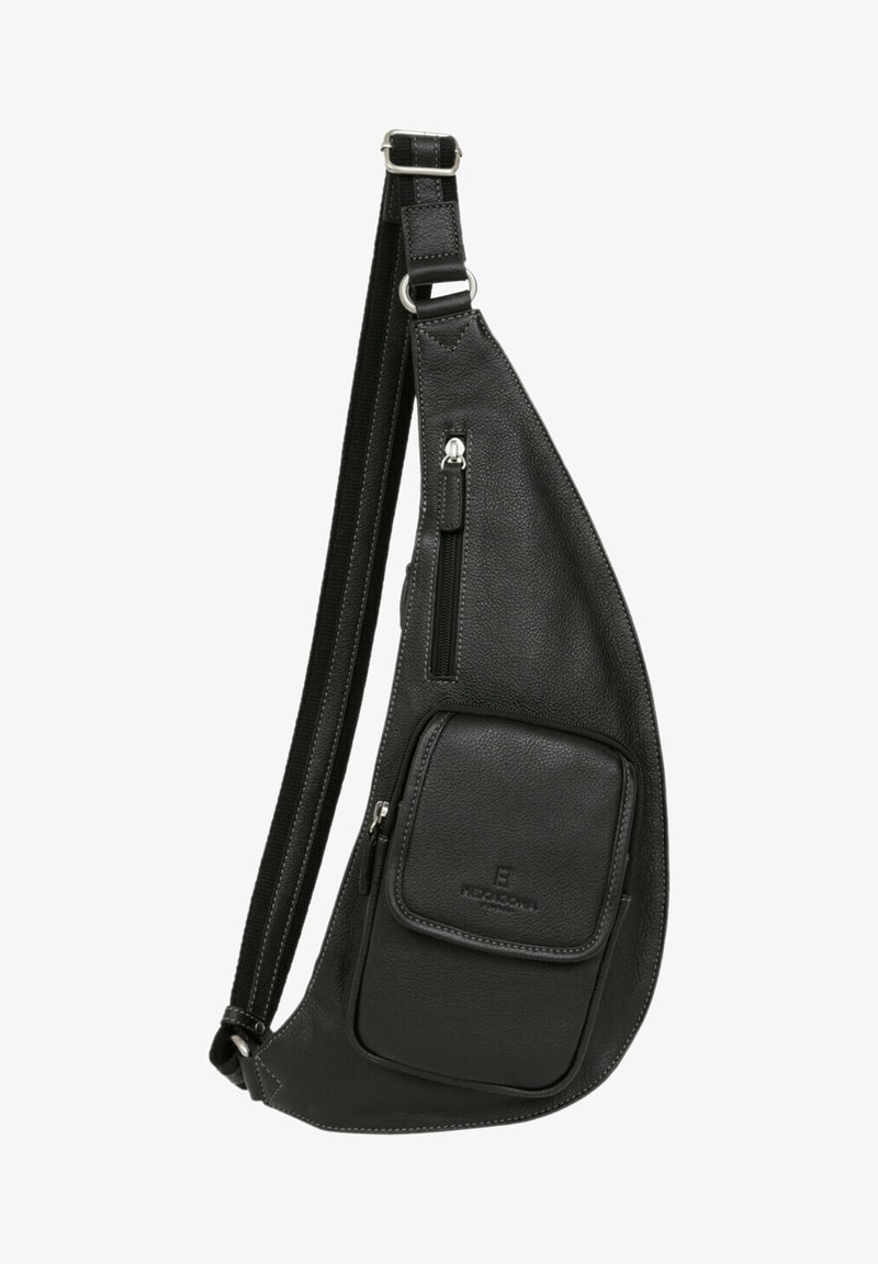 Zwarte leren schoudertas met een gestructureerde afwerking, voorzien van een hoofdvak en een ritsvak aan de voorkant. Verstelbare schouderriem voor comfortabel dragen.