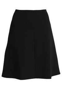 Falda negra con forma en A hecha de tejido entrelazado, con una textura suave y un diseño sencillo con costura central en la parte trasera. Sin herrajes visibles.