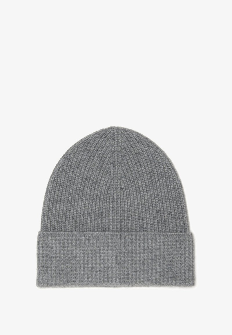 Gray ribbed knit beanie with a thick cuff, made from soft wool material, displaying a consistent texture throughout the design.