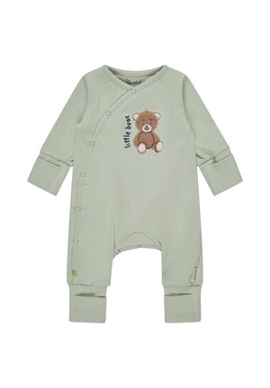 Light green long-sleeve baby romper with snap buttons, folded cuffs, and teddy bear embroidery with "little bear" text on chest.