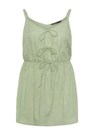 Groen en wit geruit mouwloos jurkje met drie strikjes aan de voorkant en een elastische tailleband.