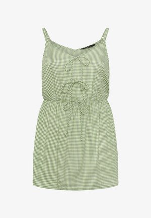 Grünes und weißes ärmelloses Kleid mit Vichy-Karos, drei vorne gebundenen Schleifen und einem elastischen Bund.