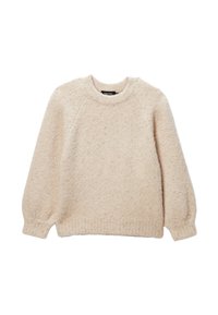 Pull en tricot beige avec une surface texturée et duveteuse, encolure ronde et manches raglan. Taille et poignets côtelés. Coupe décontractée.