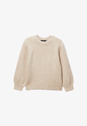 Pull en tricot beige avec une surface texturée et duveteuse, encolure ronde et manches raglan. Taille et poignets côtelés. Coupe décontractée.