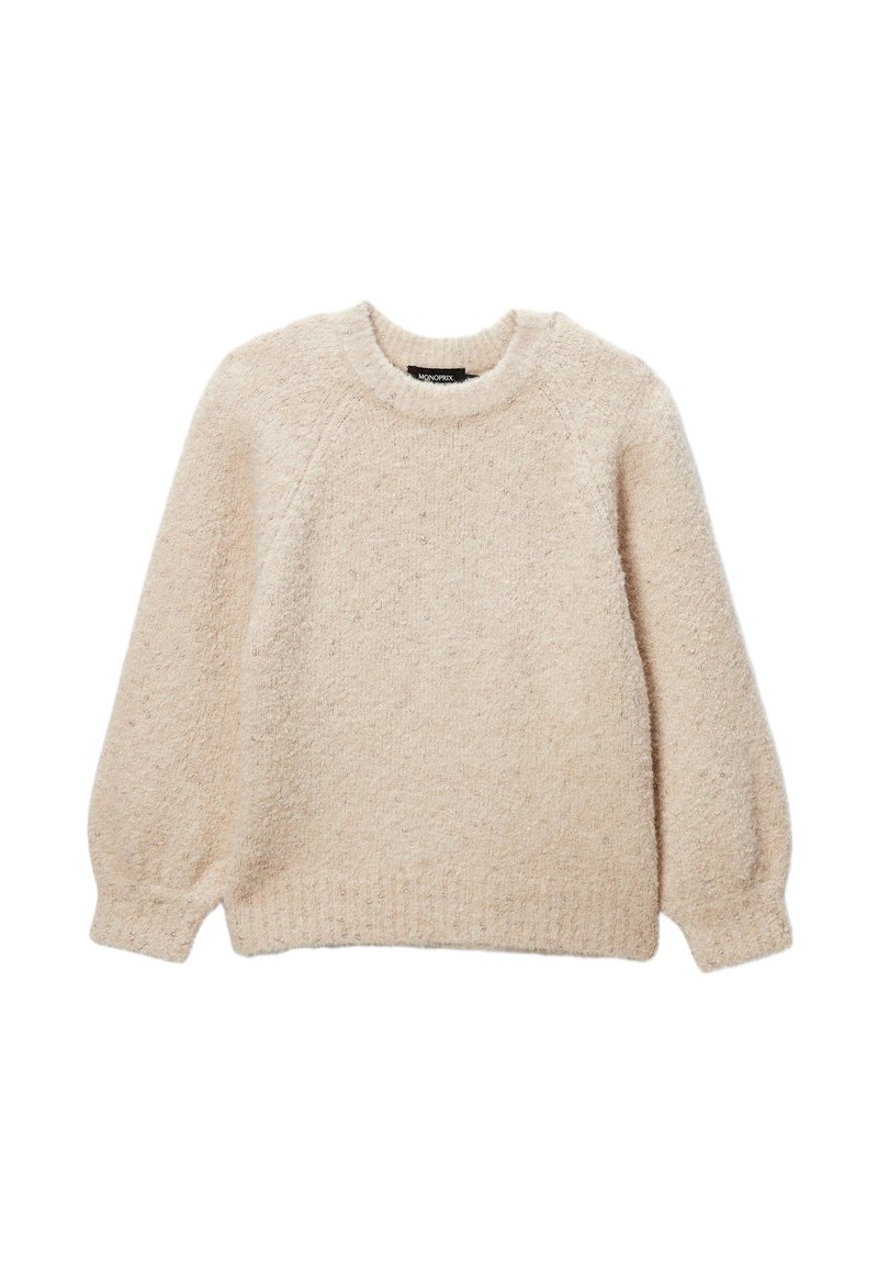 Pull en tricot beige avec une surface texturée et duveteuse, encolure ronde et manches raglan. Taille et poignets côtelés. Coupe décontractée.
