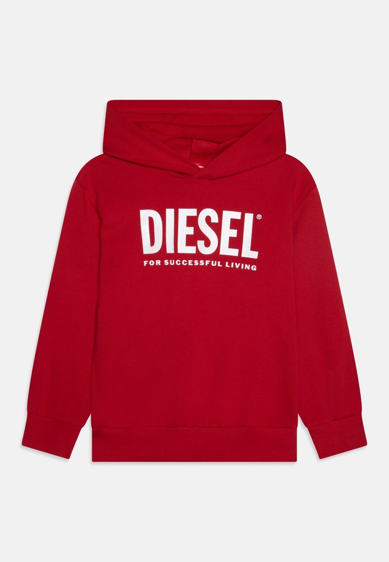 Röd hooded sweatshirt med lång ärm och vit text "DIESEL FOR SUCCESSFUL LIVING" centrerad på bröstet.