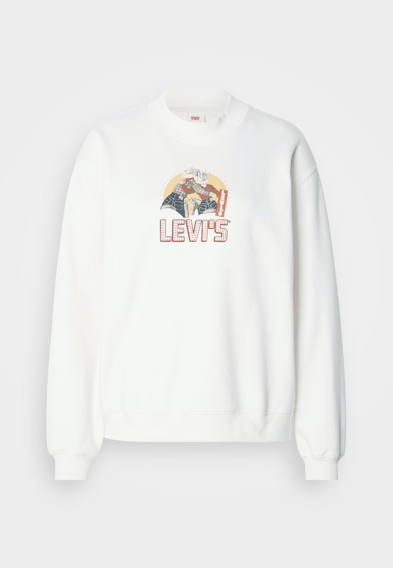 Sudadera blanca con un gráfico redondo que presenta dos figuras y "LEVI'S" en letras rojas en negrita. Cuello redondo clásico y puños acanalados.
