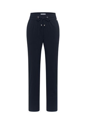 Pantalon décontracté bleu marine avec taille élastique et cordon de serrage, jambes droites, conçu pour le confort et le port quotidien.