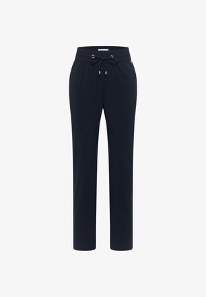 Pantalon décontracté bleu marine avec taille élastique et cordon de serrage, jambes droites, conçu pour le confort et le port quotidien.