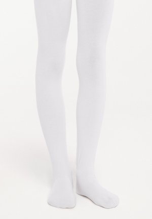 Collant bianchi opachi con texture liscia e design senza cuciture, coprendo i piedi e le gambe, adatti per vari outfit.
