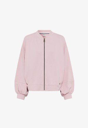 Giacca bomber rosa chiaro realizzata in tessuto morbido, con chiusura a zip, polsini a costine e una silhouette leggermente cropped.