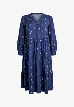 Abito midi a maniche lunghe blu navy con piccoli fiori azzurri, gonna a balze, scollo a V e chiusura con bottoni sul fronte.