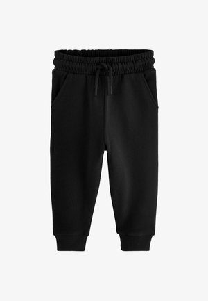 Black cotton sweatpants with elastic waistband, drawstring closure, and ribbed cuffs. Features two side pockets for storage.