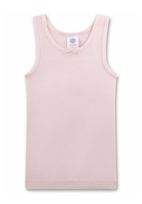 Light pink sleeveless toddler tank top with a small decorative bow below the round neckline.