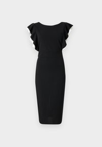 Svart klänning med korta ärmar som har vit volangdetalj, figurnära överdel och blyertsskjol. Slät tygstruktur, kn�älång.