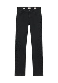 Vaqueros de denim negro con un ajuste entallado, adornados con cuentas negras decorativas a lo largo de las costuras exteriores y diseño estándar de cinco bolsillos.