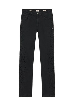 Sorte denim-jeans med et tætsiddende fit, dekoreret med sorte perler langs ydersømmene, og standard fem-lomme design.