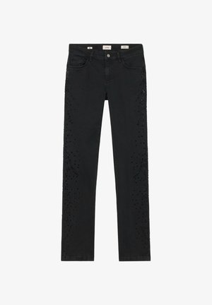 Sorte denim-jeans med et tætsiddende fit, dekoreret med sorte perler langs ydersømmene, og standard fem-lomme design.