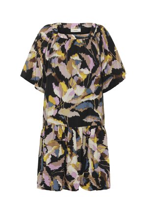 Rochie scurtă, lejeră, cu mâneci scurte și un model floral abstract multicolor în tonuri de negru, galben, roz, maro și albastru.