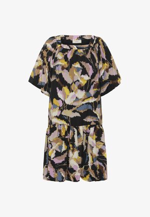 Rochie scurtă, lejeră, cu mâneci scurte și un model floral abstract multicolor în tonuri de negru, galben, roz, maro și albastru.