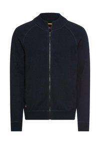 Marineblauwe trui met ritssluiting, voorzien van een geribde kraag en manchetten, met een gladde textuur en contrasterende stiksels langs de naden.