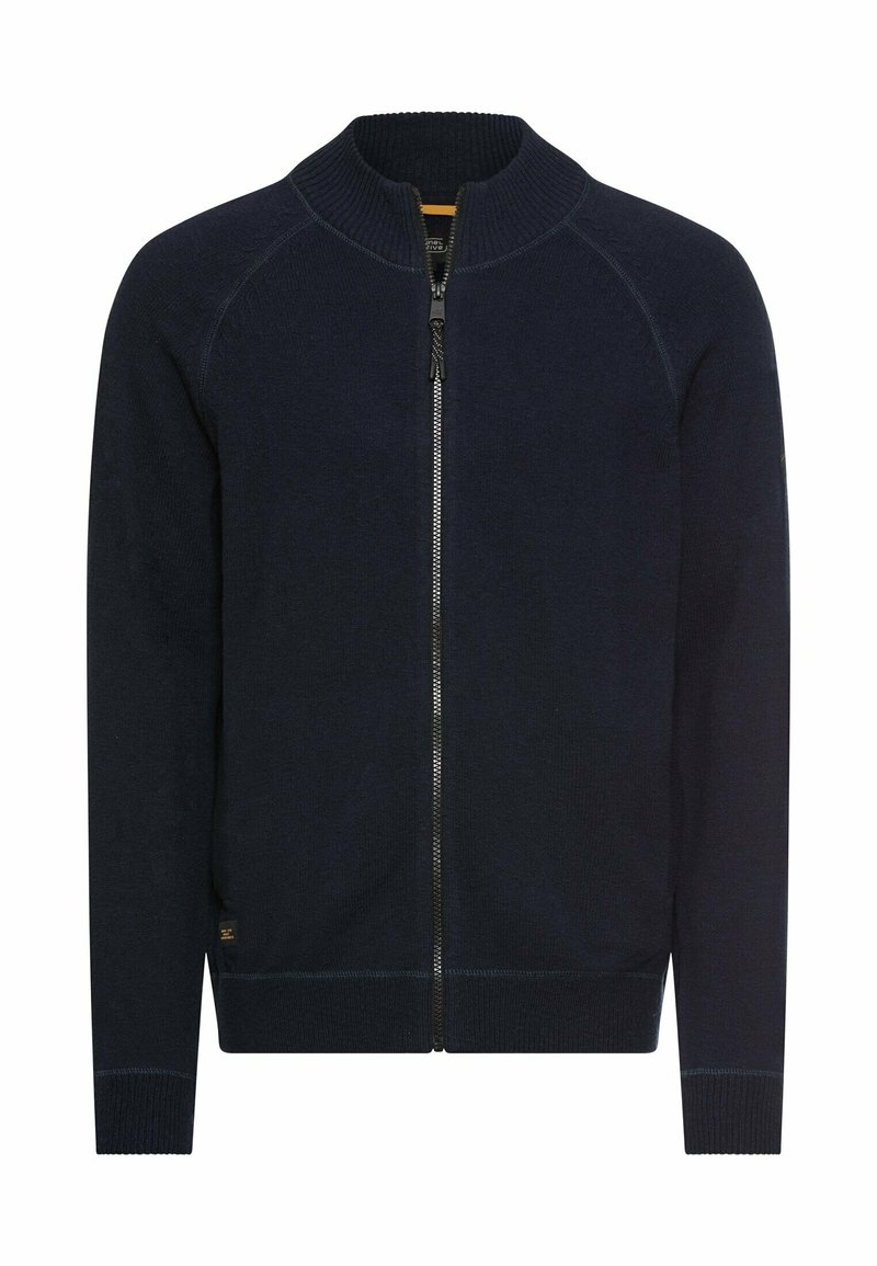 Marineblauwe trui met ritssluiting, voorzien van een geribde kraag en manchetten, met een gladde textuur en contrasterende stiksels langs de naden.