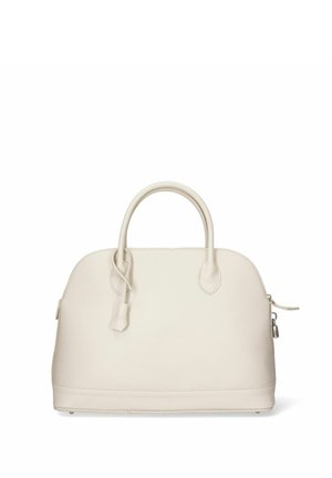 Borsa a mano in pelle bianca con silhouette arrotondata, manici doppi prominenti, chiusura con zip e dettagli di texture sottili. Presenta un piccolo lucchetto.