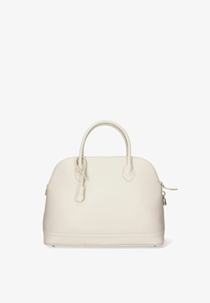 Borsa a mano in pelle bianca con silhouette arrotondata, manici doppi prominenti, chiusura con zip e dettagli di texture sottili. Presenta un piccolo lucchetto.