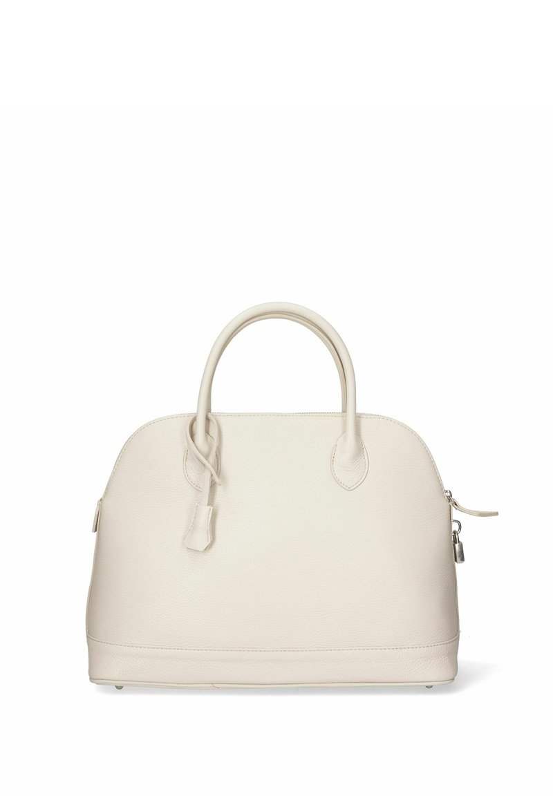 Witte leren handtas met een ronde silhouet, opvallende dubbele handvatten, ritssluiting en subtiele textuurdetails. Bevat een klein slotje.