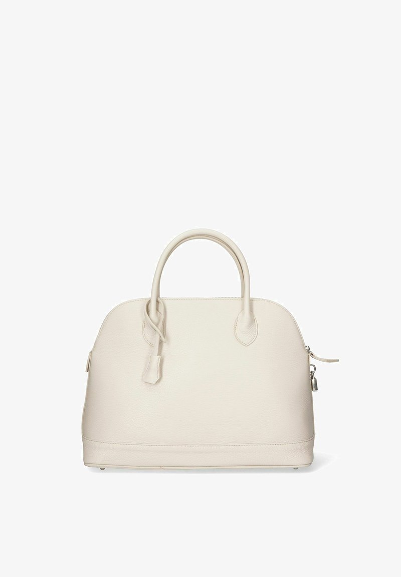 Witte leren handtas met een ronde silhouet, opvallende dubbele handvatten, ritssluiting en subtiele textuurdetails. Bevat een klein slotje.