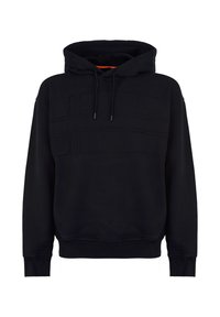 Czarna bluza z kapturem z teksturowanym wzorem z poziomymi liniami na klatce piersiowej, regulowanymi sznurkami i prążkowanymi ściągaczami na rękawach i dole. Miękka tkanina.