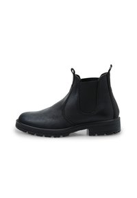 Botas Chelsea de cuero negro con paneles elásticos en los laterales, puntera redonda, suela de goma resistente y lengüetas para facilitar el calzado.