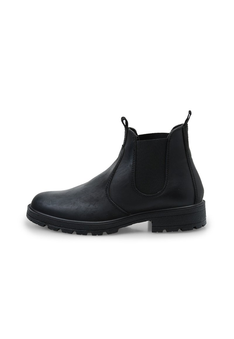 Botas Chelsea de cuero negro con paneles elásticos en los laterales, puntera redonda, suela de goma resistente y lengüetas para facilitar el calzado.