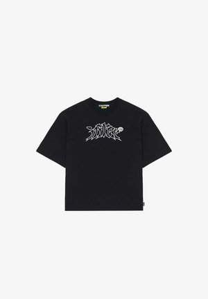 Maglietta nera oversize con testo astratto in stile graffiti bianco al centro del petto, collo a giro e maniche corte.