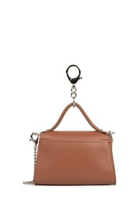 Small brown leather handbag keychain with a top handle, silver chain strap, and metal lobster clasp on a white background.