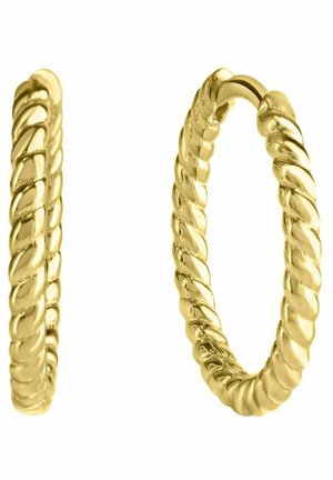 Orecchini a cerchio dorati con un design a corda attorcigliata, caratterizzati da una superficie lucida e liscia e una forma circolare.