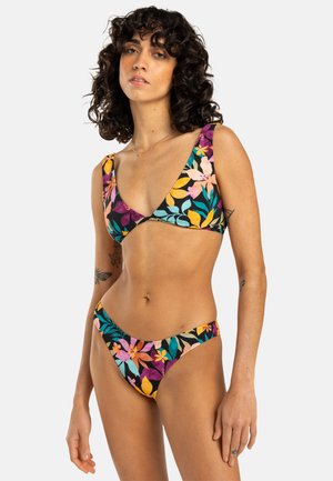 Multicolored floral bikini set featuring a triangle top with wide straps and matching low-rise bottoms. Made from smooth, stretchable fabric.
