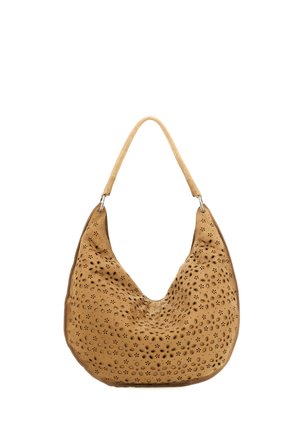 Borsa hobo in pelle color cuoio con motivi floreali traforati e una singola tracolla, mostrata su sfondo bianco.