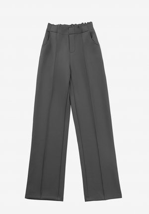 Gray, wide-leg pants with a ruffled waistband, two side pockets, and straight seams, made from a smooth, lightweight fabric.